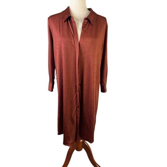 L'AGENCE Shirt Dress Large Copper Rust Long Sleeve Sheen Collared Long Sleeve - Picture 1 of 11